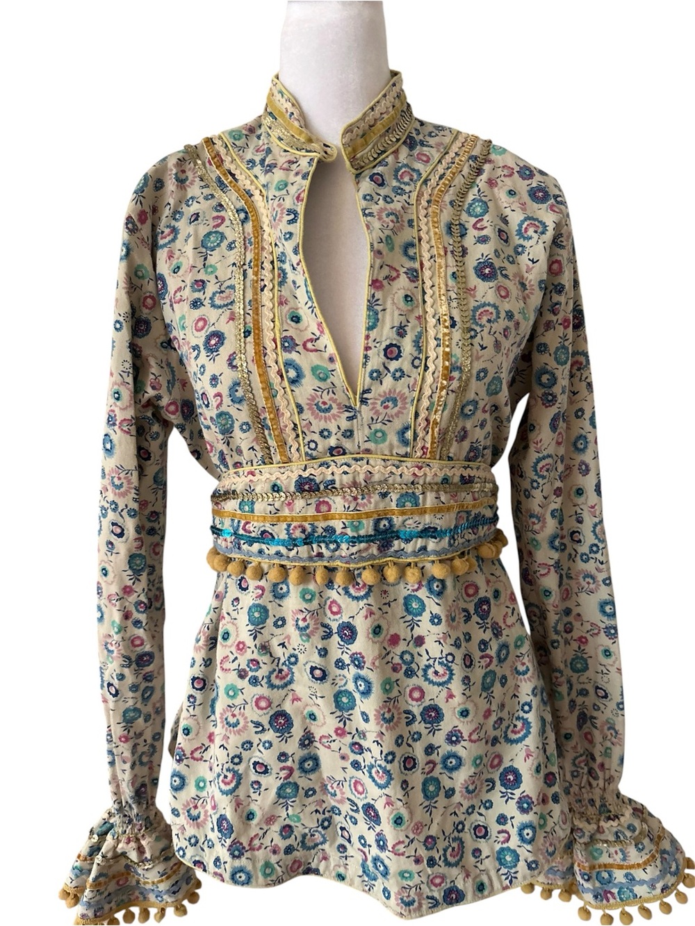 Boho Embroidered Floral Peasant  Top in Cream, Blue & Pink